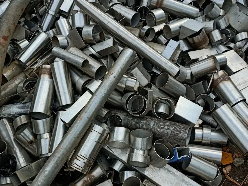 Aluminium tube and pipe offcuts heaped together at the yard.