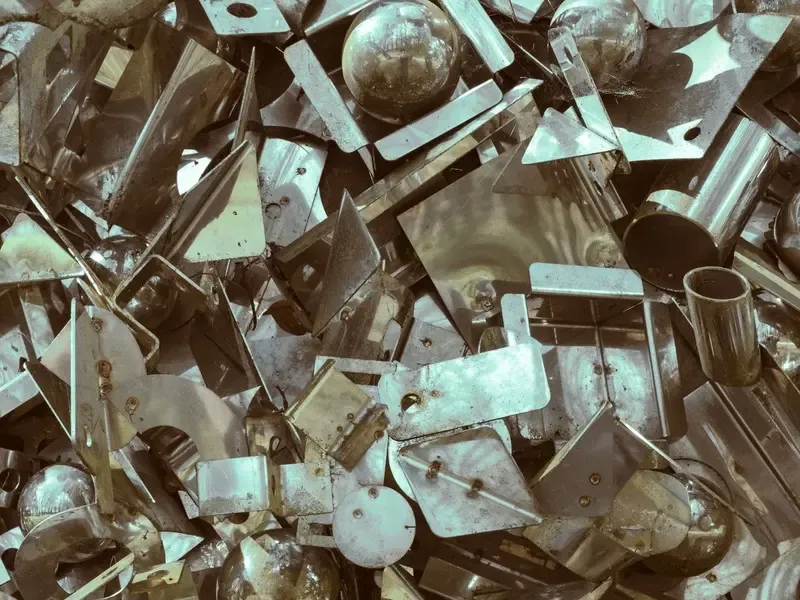 Bright stainless steel offcuts and pressings piled up for sorting.