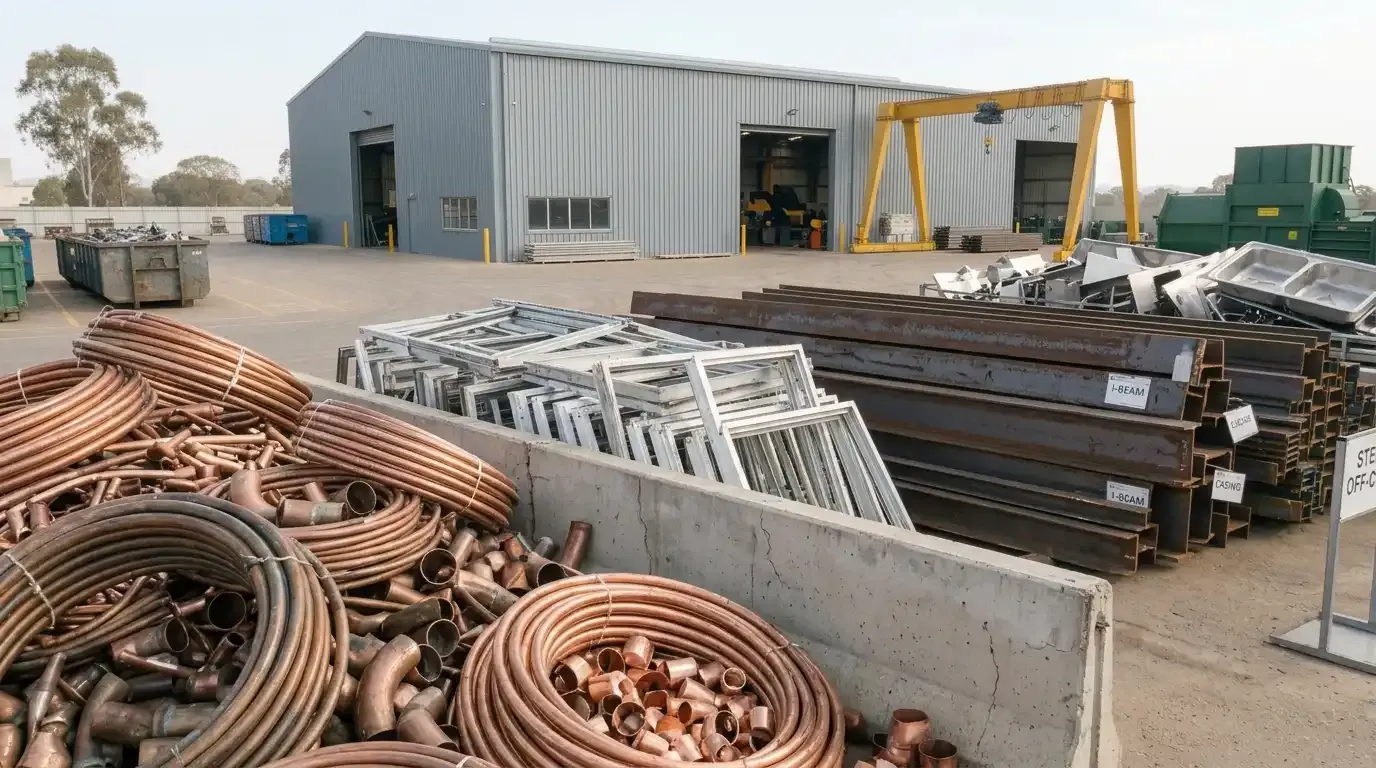 Scrap Metal Recycling in Brisbane Copper pipes, aluminium frames and steel offcuts sorted for scrap metal recycling.